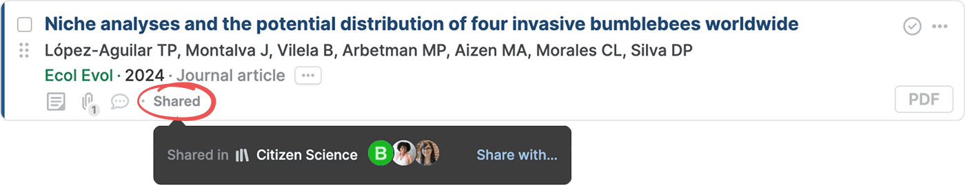 A reference with the circled Shared button open, showing only “Shared in Citizen Science” with member avatars and a “Share with…” link, and no “From… library” row — independent copy mode in a shared library.